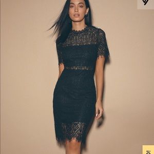 Lulu’s black cocktail lace midi dress